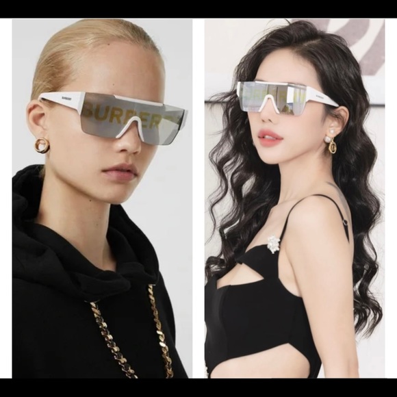 BURBERRY SHIELDS WITH SILVER & GOLD BURBERRY WRITTEN ON MIRROR LENSES SUNNIES - Picture 11 of 16